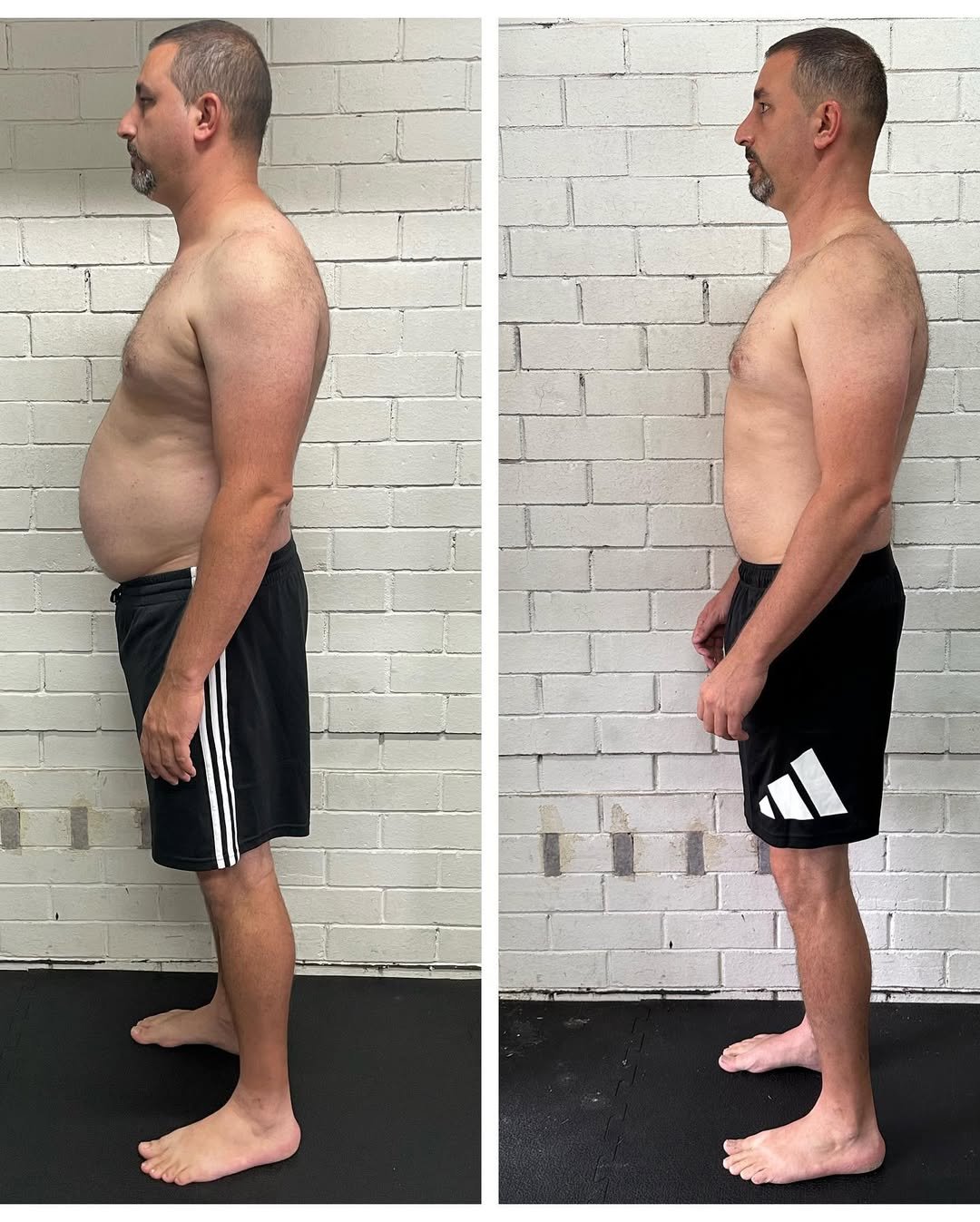 a before and after image of a man who has made significant postural gains by cutting grains from his diet and training at functional patterns Sydney