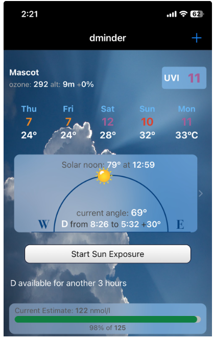 a screenshot of Minder application that lets you track your vitamin D exposure without burning your skin