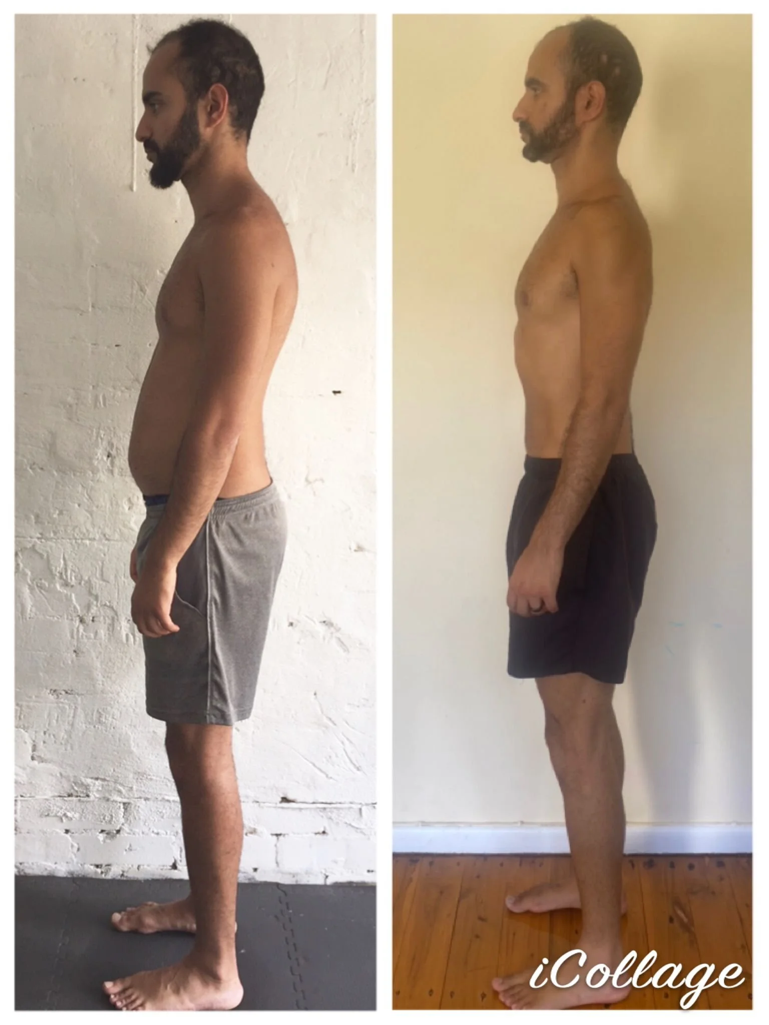 before and after image of a man who stopped eating grains, showing a less bloated stomach, improved posture and straighter back