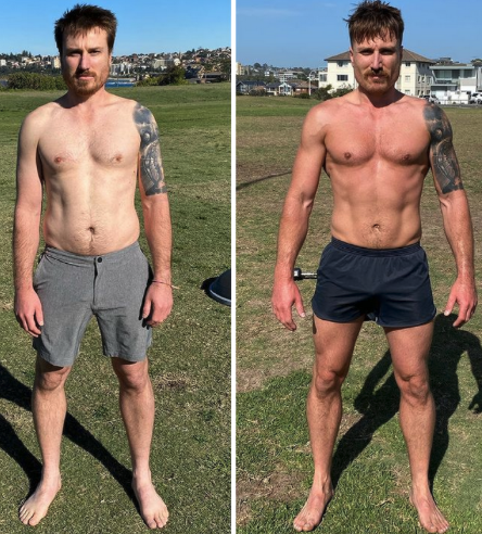 Before and after photos of a man showing muscle gain and improved posture