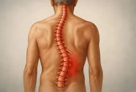 Back view of a person with a highlighted red area along the lower back, emphasizing the spine.