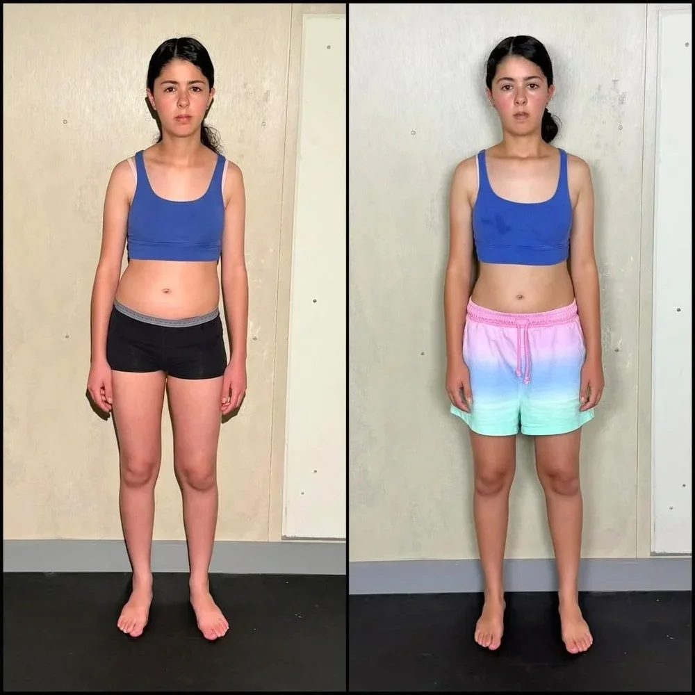 Side-by-side photos of a young girl with dark hair, wearing a blue tank top, standing against a beige wall. In the left photo, she wears black shorts; in the right, she wears pastel-colored shorts. Her expression is neutral, and she is barefoot.