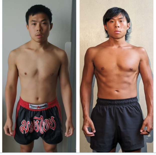 a side by side image of a young man. on the left slightly page and less toned. on the right, brown skinned and improved posture, tone and look