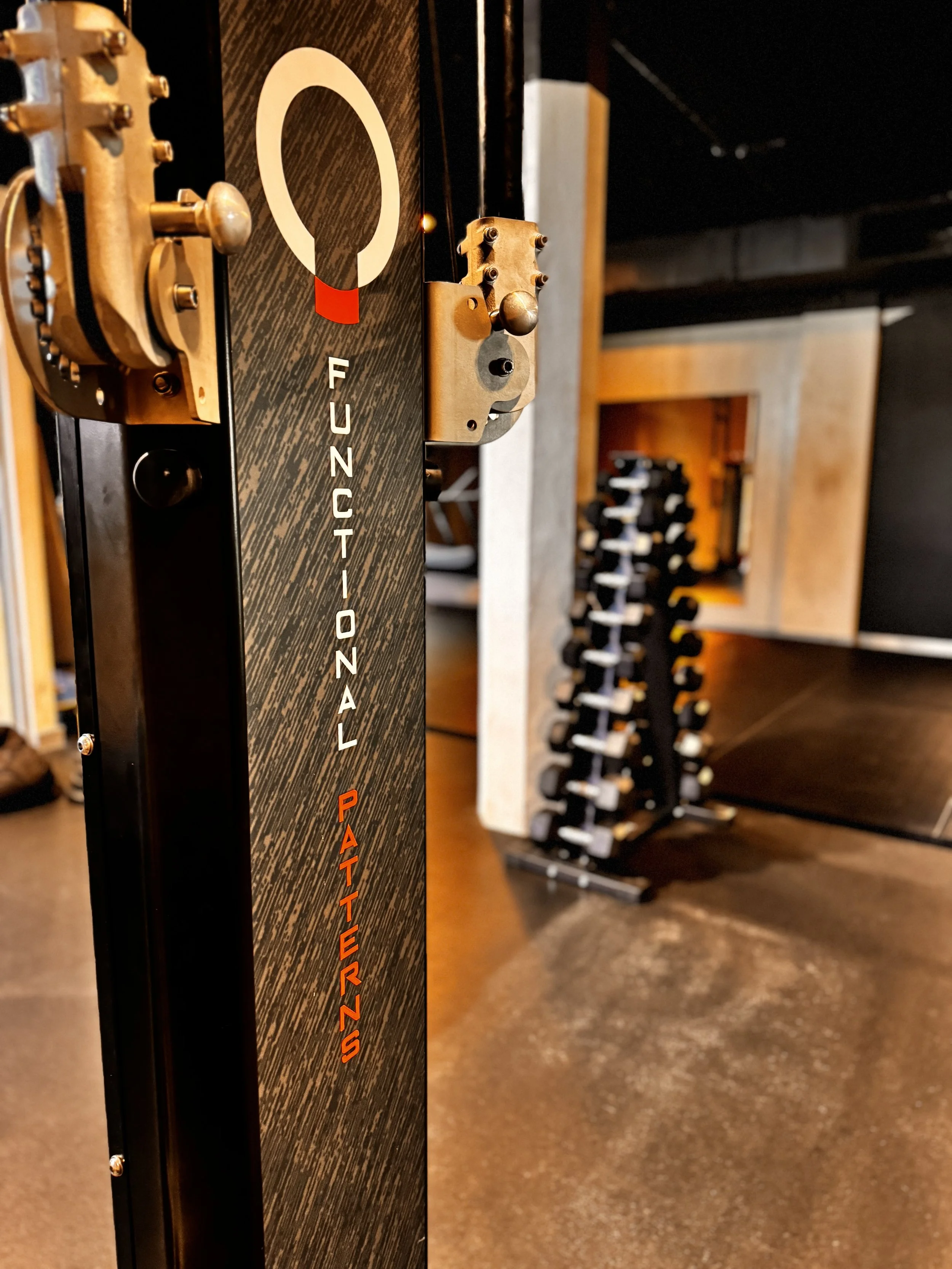 Interior of Functional Patterns Sydney showing a branded cable machine in the foreground and a rack of dumbbells in the background