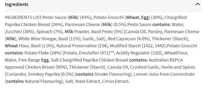 an image of the ingredients on the back of a supermarket bought meal