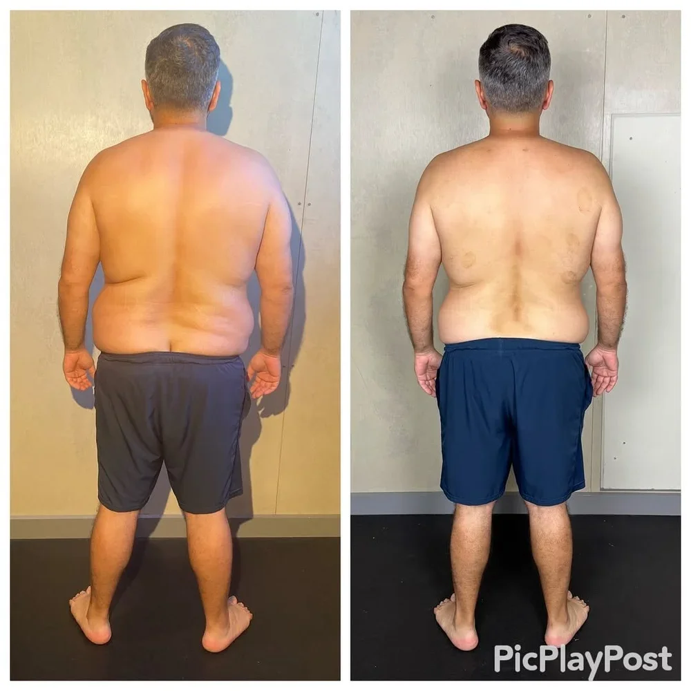 Comparison of a man with a compressed, painful back and neck on the left and a improved, slimmer, decompressed picture on the right