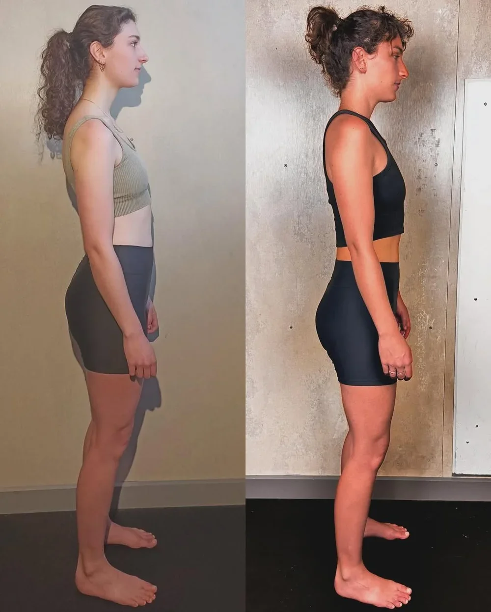 Side-by-side comparison photo of a woman in workout clothes, showing before and after fitness transformation; left in beige top and shorts, right in black sports bra and shorts.