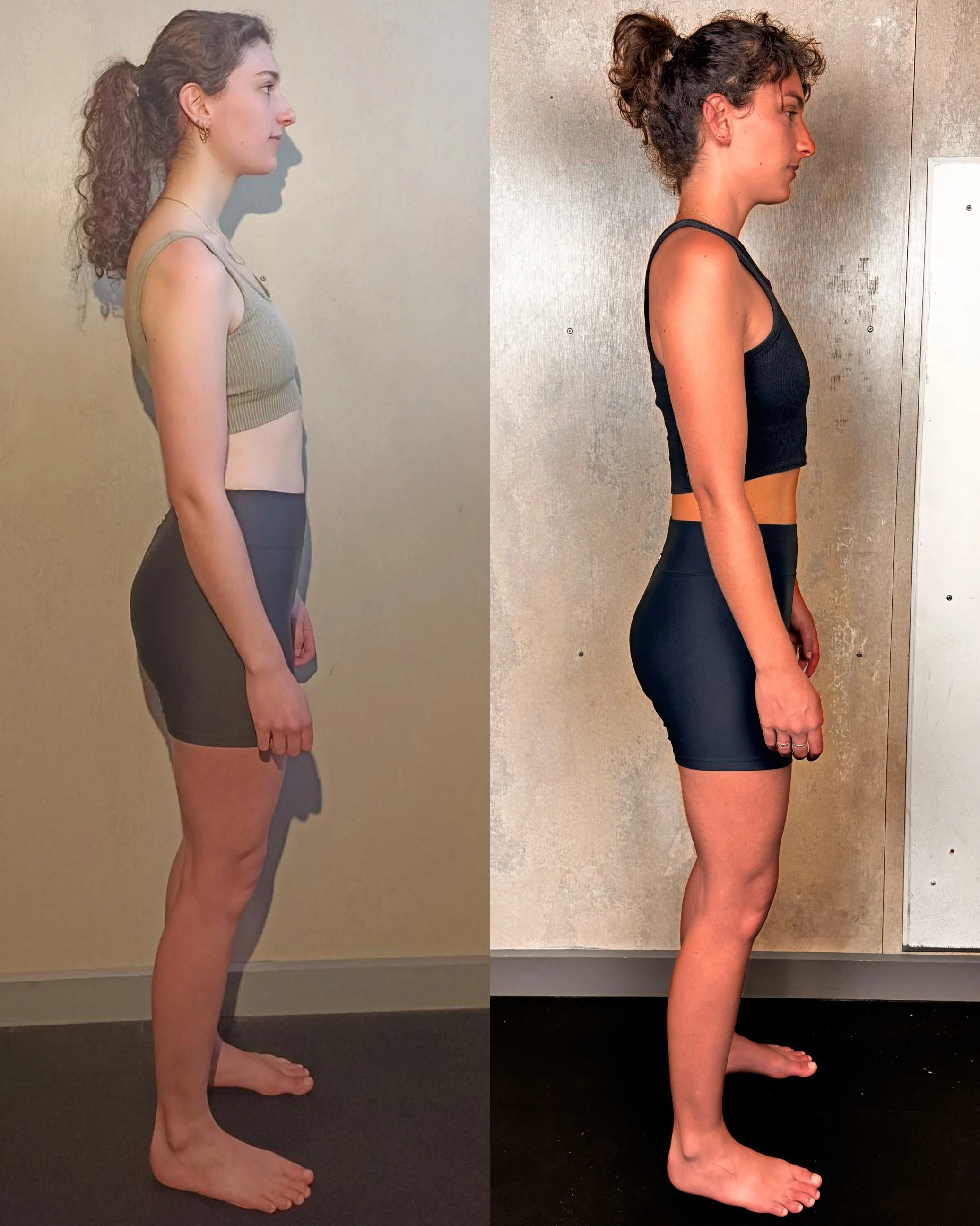 Side-by-side comparison of a woman's body transformation, showing her in workout attire, standing profile in front of neutral backgrounds.
