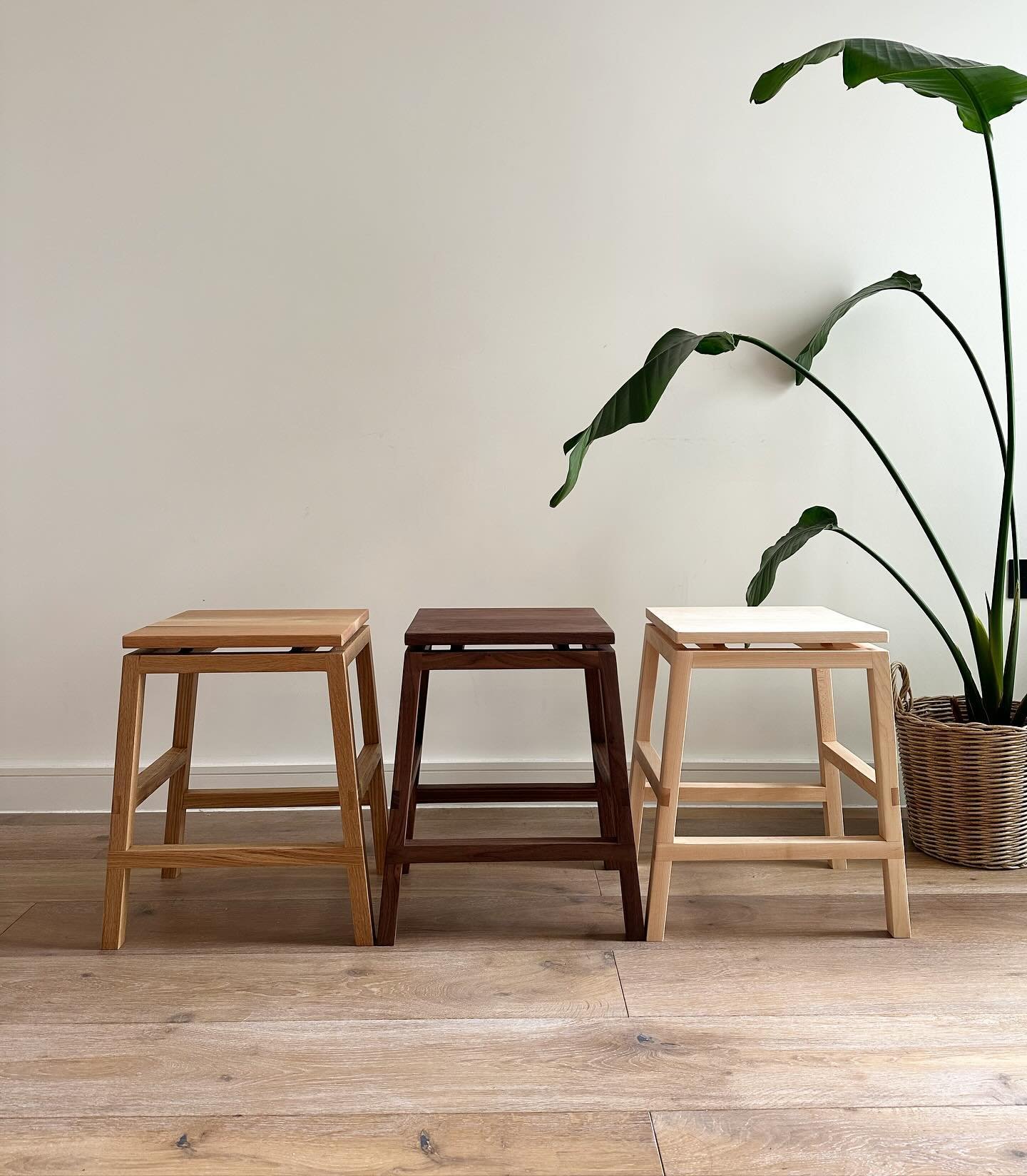 Our 'Lutang' Stools in maple, walnut and oak. Available to order now - lead time 6 weeks! These will be on our website very soon but send us over a DM if you're interested. &pound;290 each.
