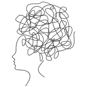 An illustration of a human head with a tangled mess of lines and shapes representing complex thoughts or a busy mind.