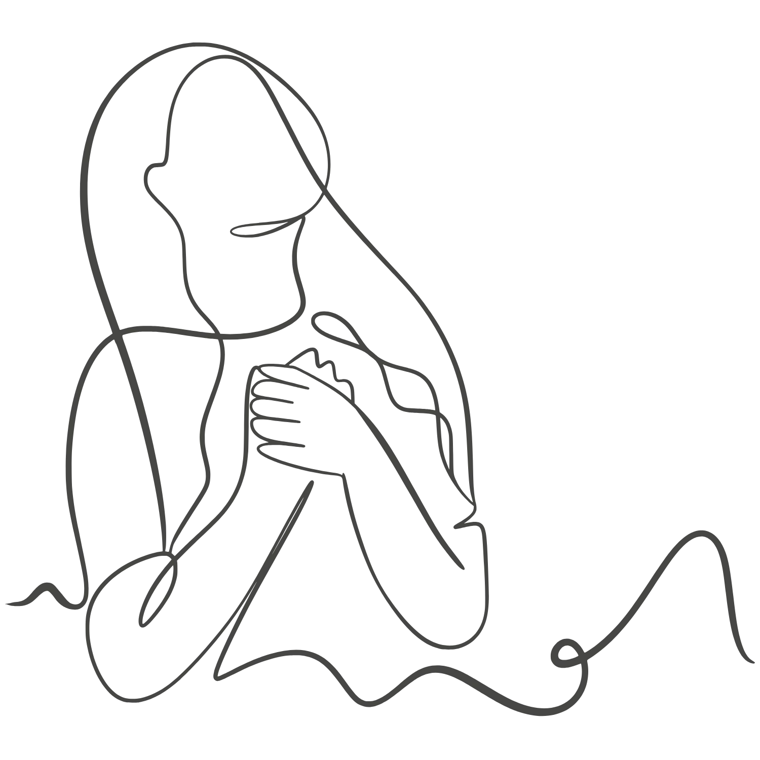 Line drawing of a woman kneeling with her eyes closed and hands clasped in prayer.