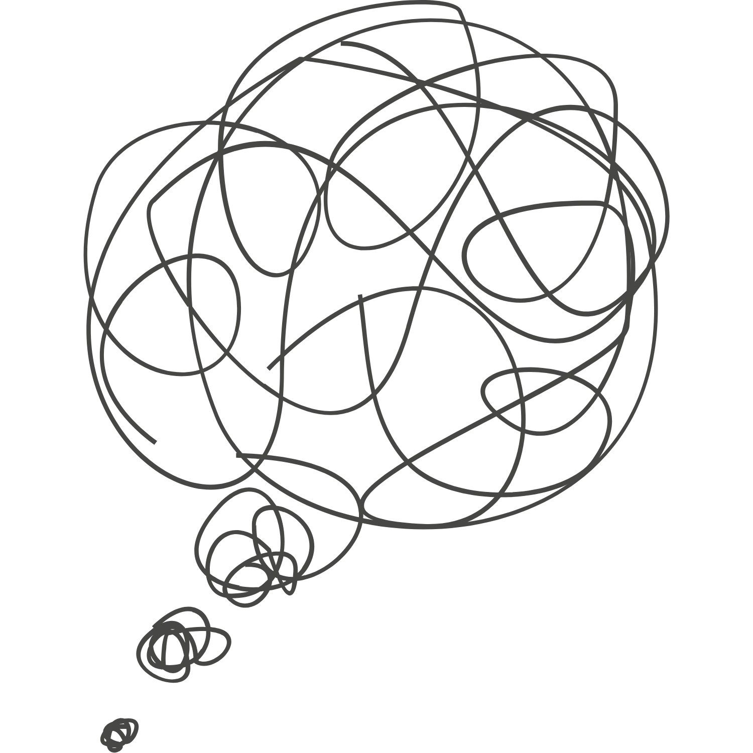 A scribbled, chaotic brain with a small thought bubble containing a sad face, and a tiny cloud with a sad face.