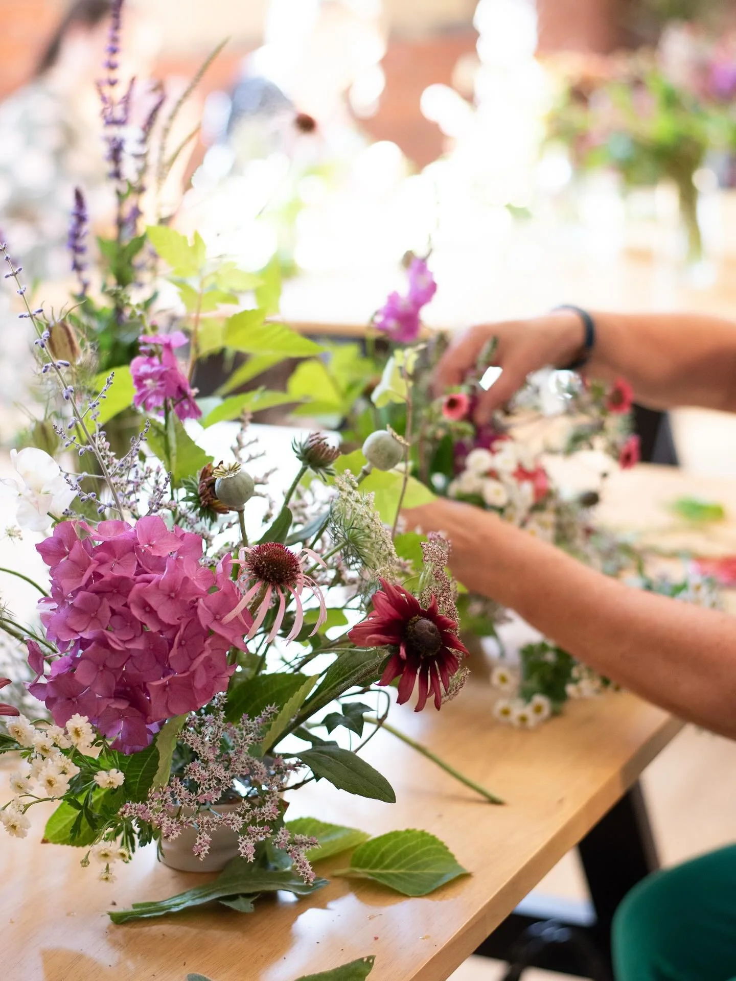 From a beautiful summer morning of creating bowl arrangements at @sunnybankmills. I took the big camera and we got some fabulous pictures of the finished arrangements against the bricks on a beautiful piece of old mill furniture. Interspersed with th