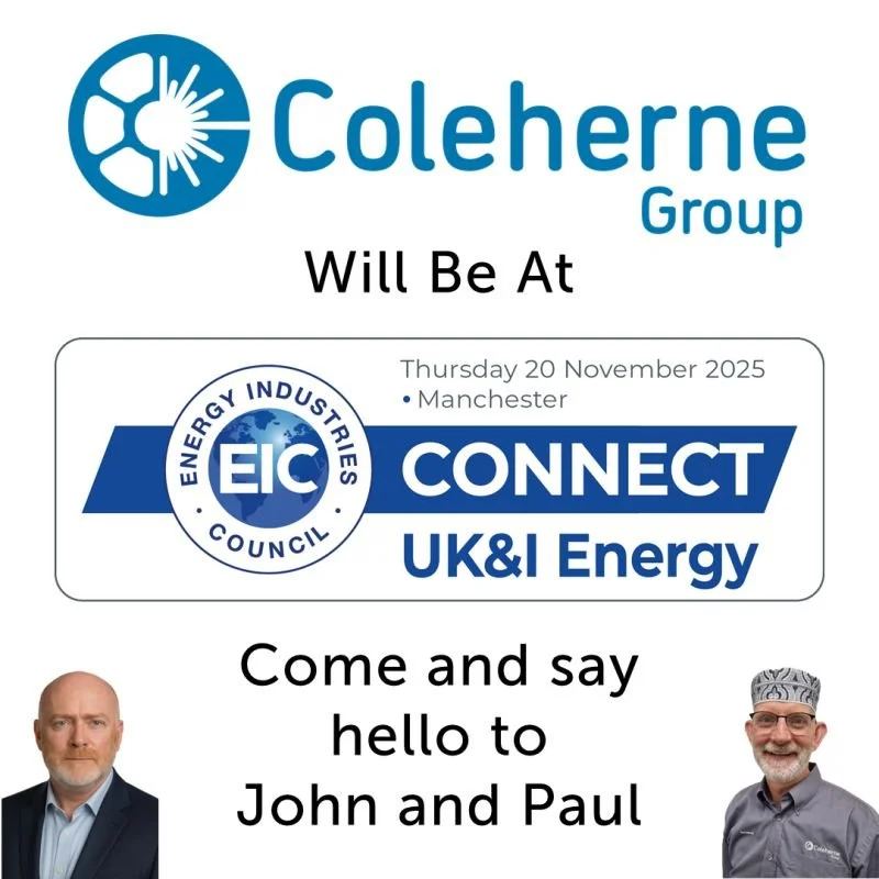 Event flyer for Coleherne Group announcing attendance at the EIC Connect UK & Ireland Energy event in Manchester on Thursday, November 20, 2025, featuring photos of two men, and a logo for the Energy Industries Council.