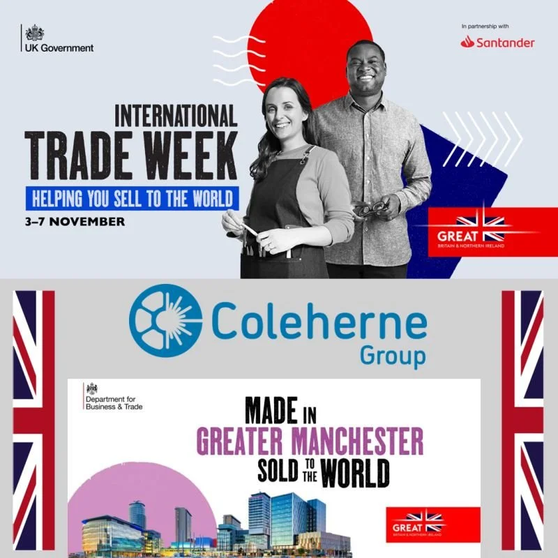 A promotional poster for International Trade Week, showing two smiling people, a woman and a man, standing in front of a backdrop with red, white, and blue design elements. The poster features logos, British flags, and text about trade, with dates from November 3-7, and emphasizes helping sell to the world. It also highlights Coleherne Group, a company based in Greater Manchester, manufacturing and selling worldwide, in partnership with Santander and the UK Government.