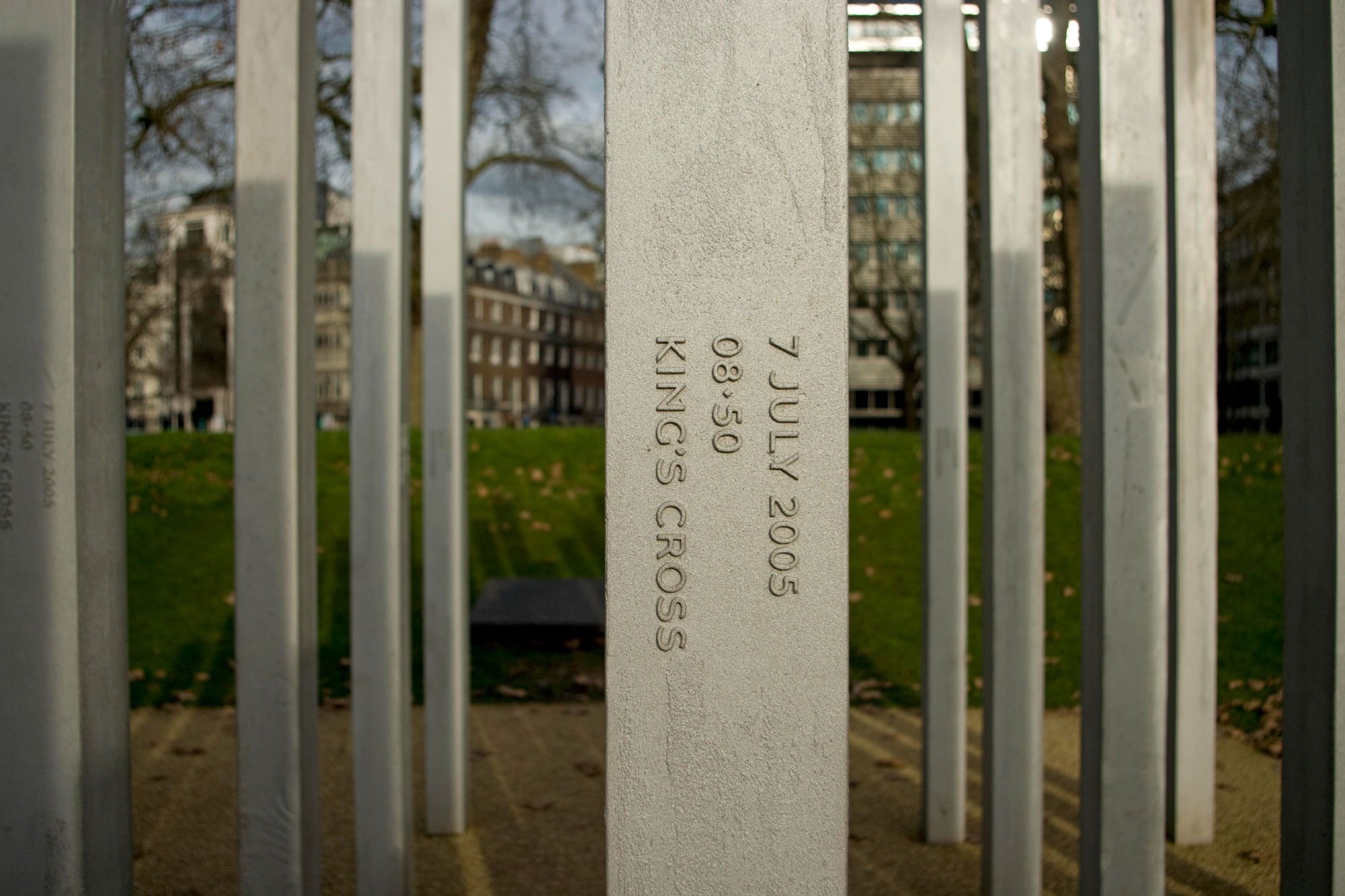  Stelae in Hyde Park commemorating the 7 July London bombings with lettering by Phil Baines. 2009. 