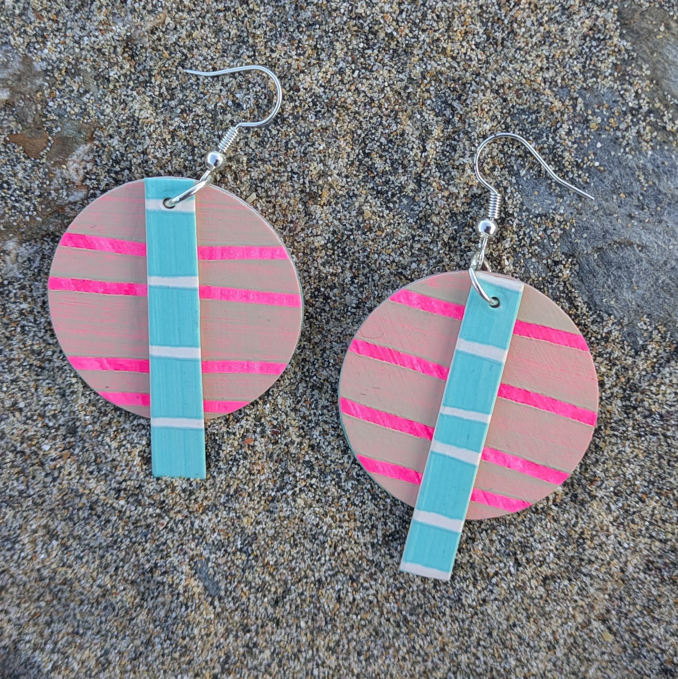 Hand Crafted Striped Disk Swing Dangle Earrings
