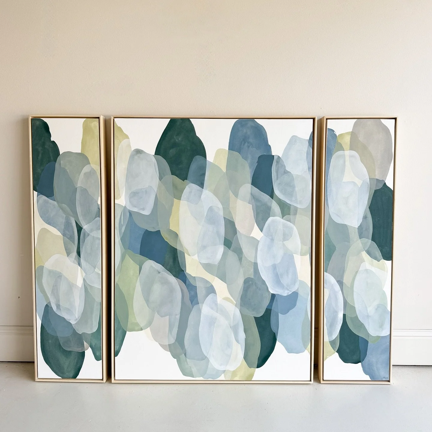Introducing the newest triptych, titled &ldquo;Eucalyptus Dreams I, II &amp; III and she&rsquo;s now available on the website! This is such a popular size for bedrooms, living rooms and dining rooms! Lots of blues and greens in this set making it gre
