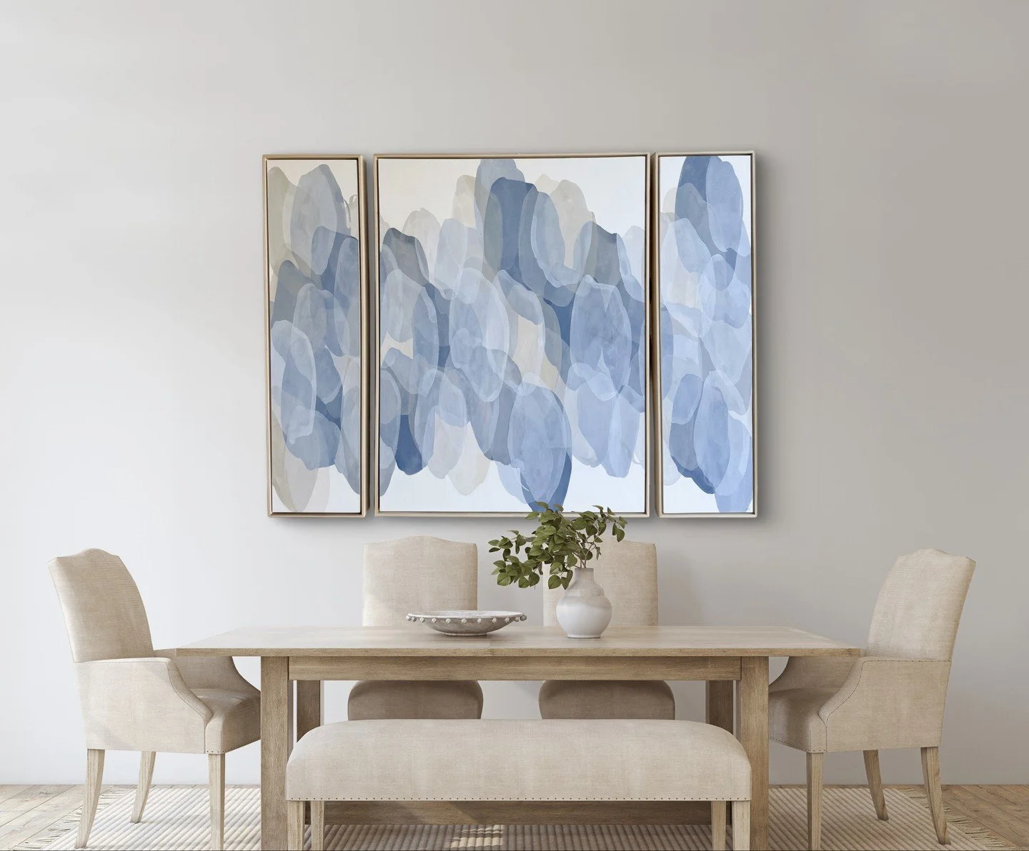 The perfect addition to any dining room! 🤍 

#triptychartwork #triptychs #artforthediningroom #diningroomdesign #framedartwork #woodfloaterframes