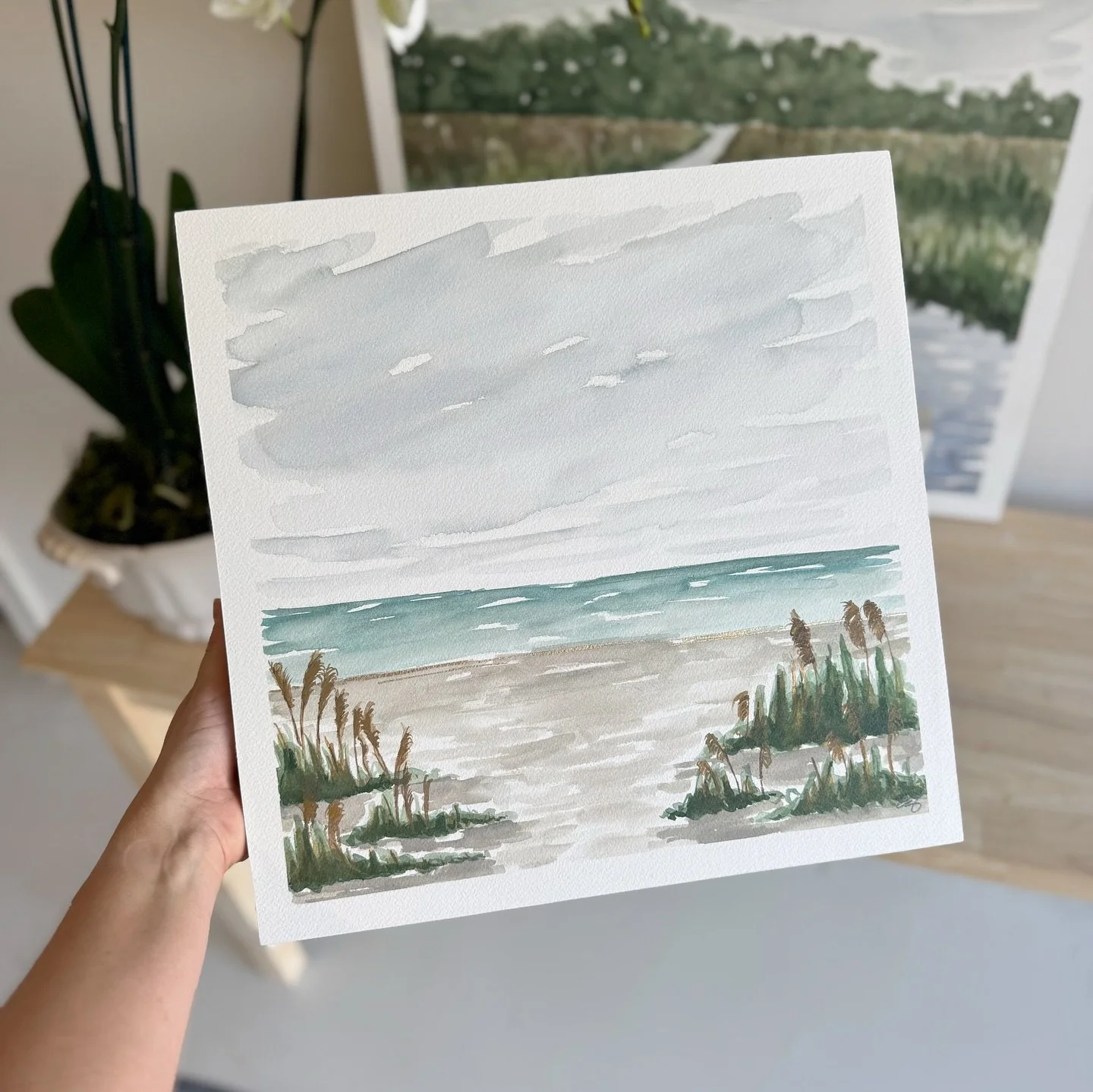 Couldn&rsquo;t visit Pensacola this weekend without painting a brand new beach scene! 🤍 Introducing &ldquo;Tangled Up In Blue&rdquo; |14x14|, inspired by the calming beaches and wispy sea oats in Florida. Now available at @greatgulfcoastartsfest in 