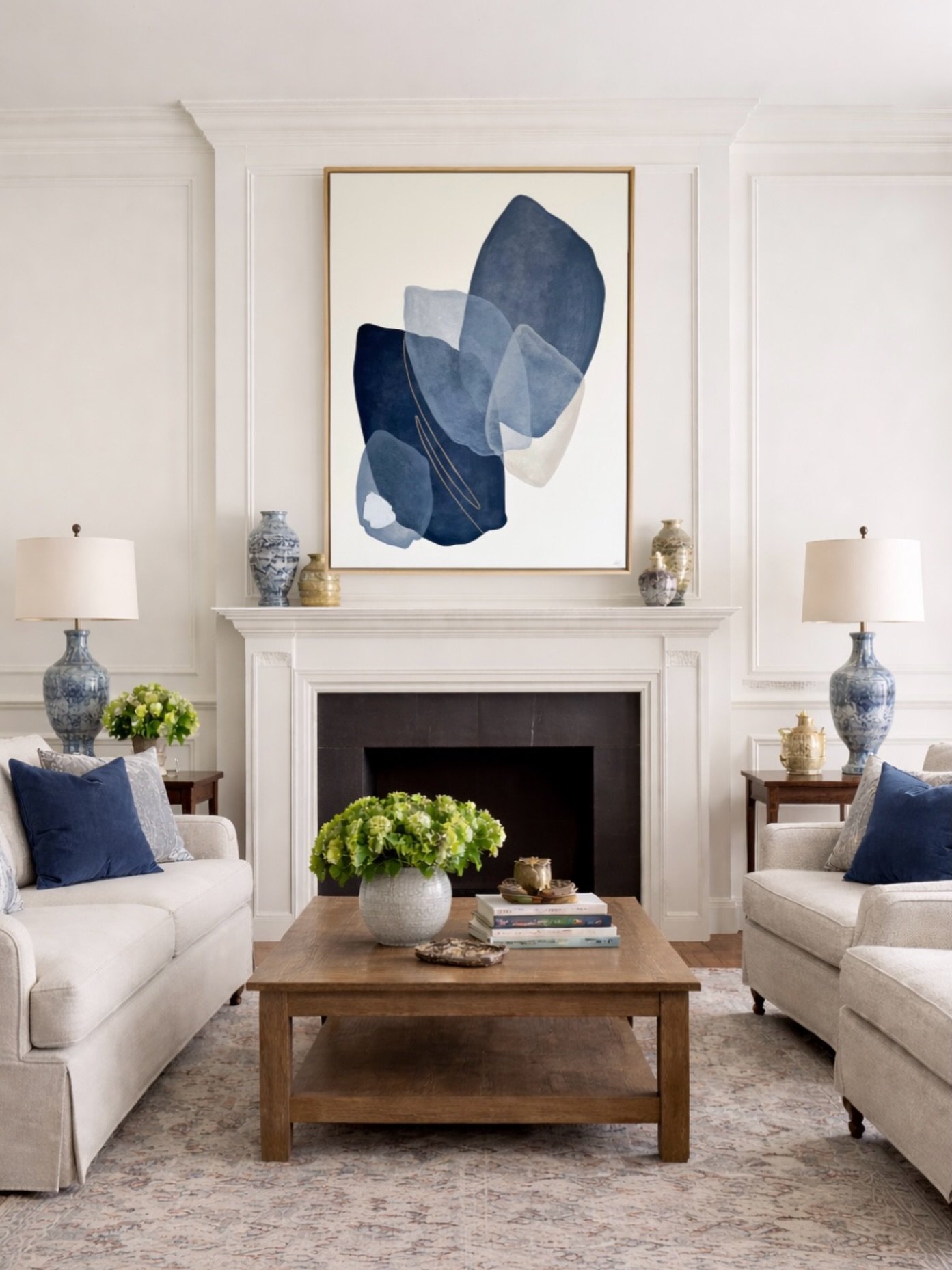 The perfect touch of classic and modern. 🤍

&ldquo;Midnight In Marietta&rdquo; |30x40| watercolor paper mounted to a cradled wood panel with a handmade natural wood floater frame. Available on the website! 

#livingroomart #largeabstractart #navypai