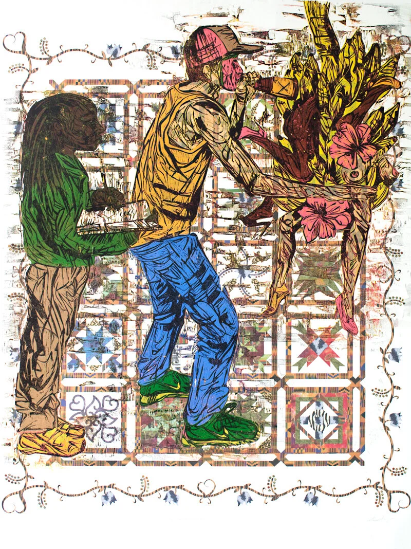 "The Cultural Lineage of the Hypersexual Male", color reduction and archival digital print, 55" x 41"