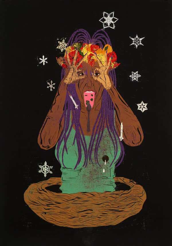 "Feigned Fear of the Manufactured Chicken Head", color reduction woodcut, 64" x42"