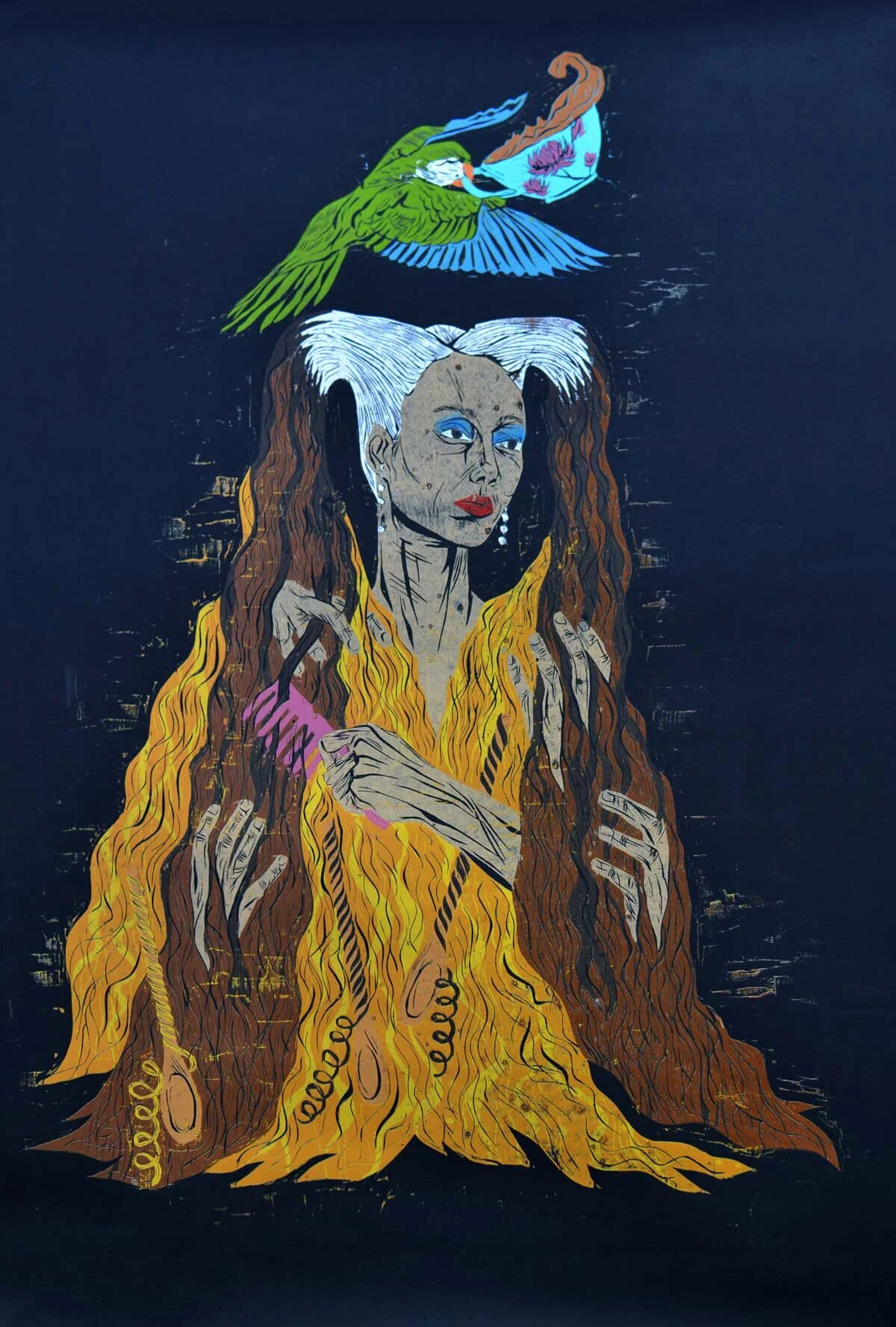 "Addicted to Creamy Crack and Passing the Brown Wooden Spoon Test", color reduction woodcut, 64" x 44", 2020