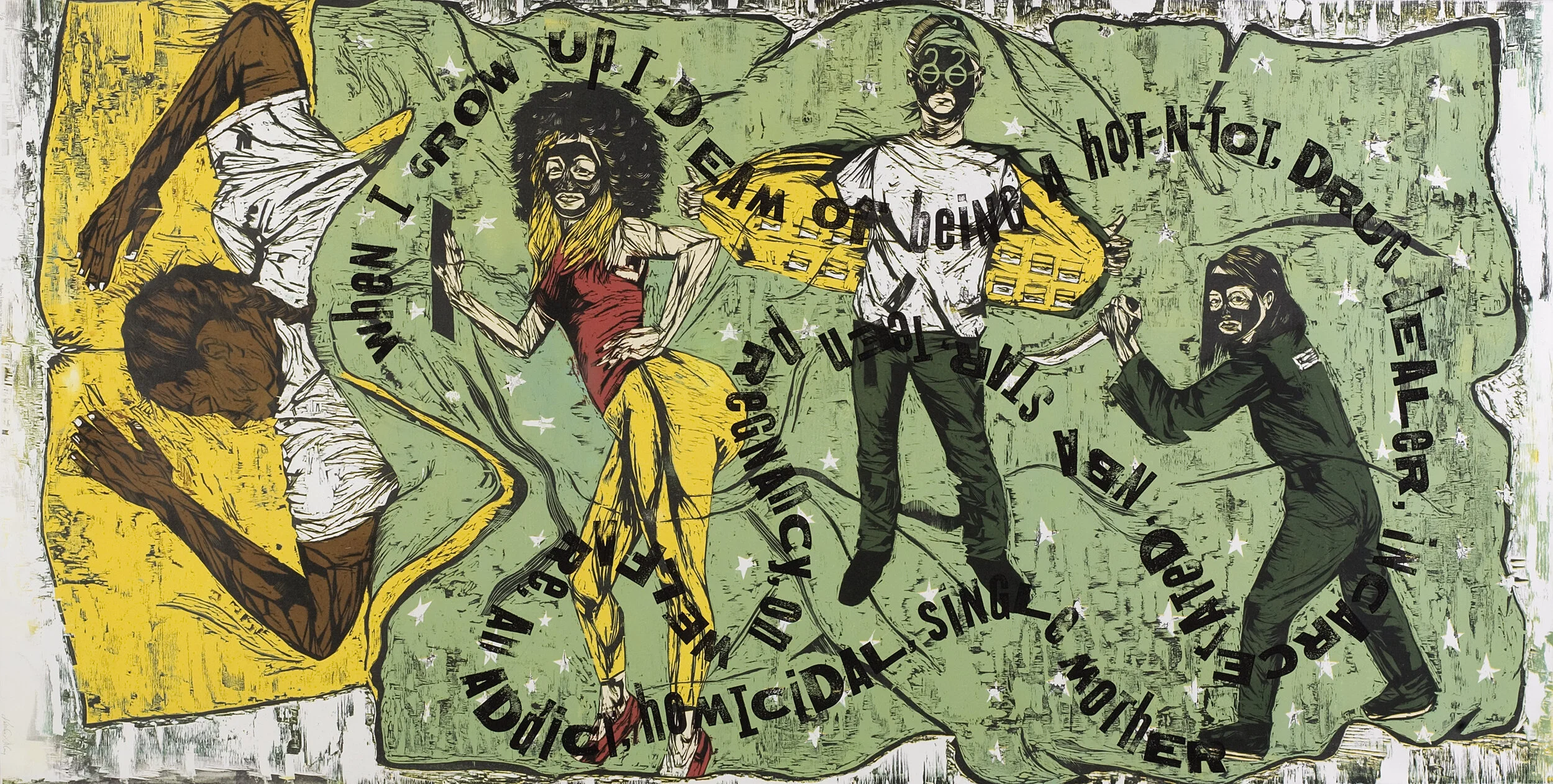"When I Grow Up: The Ascribed Black American Dream", color reduction woodcut, 40" x 84"