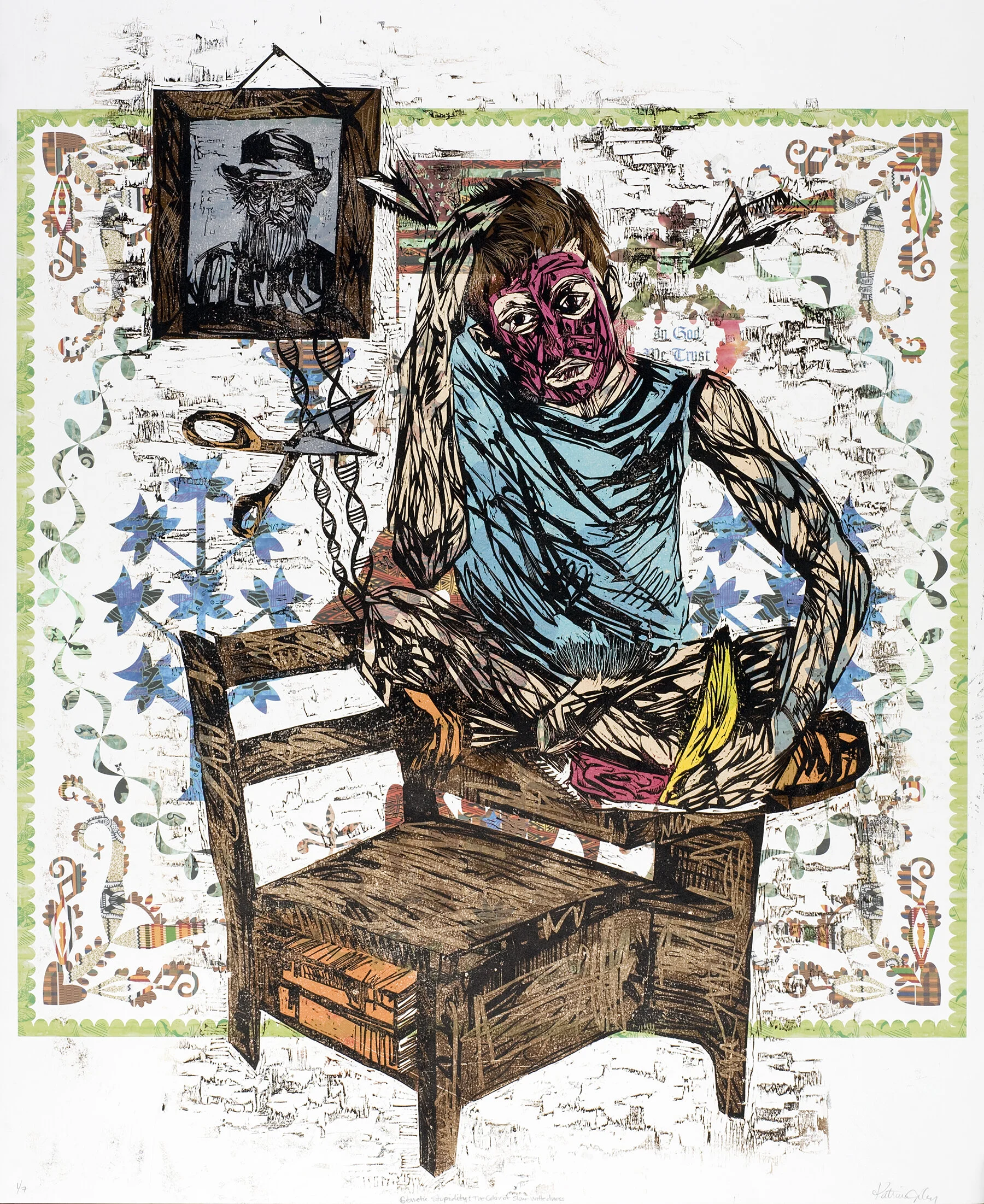 "Genetic Inferiority: Darwin's Theory of White Superiority and Black Unintelligence", color reduction woodcut and archival digital print, 58" x 42"