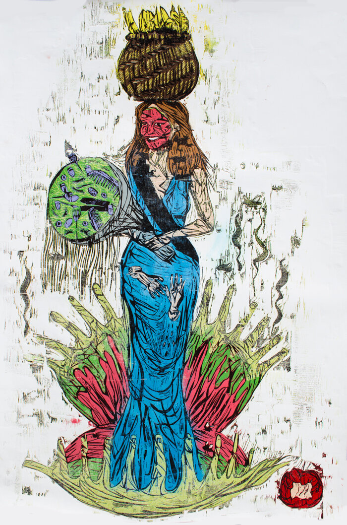 "Venus de Flytrap Beauty is Not Natural. They Are Not Naturally Beautiful", color reduction woodcut, 44" x 30.5"