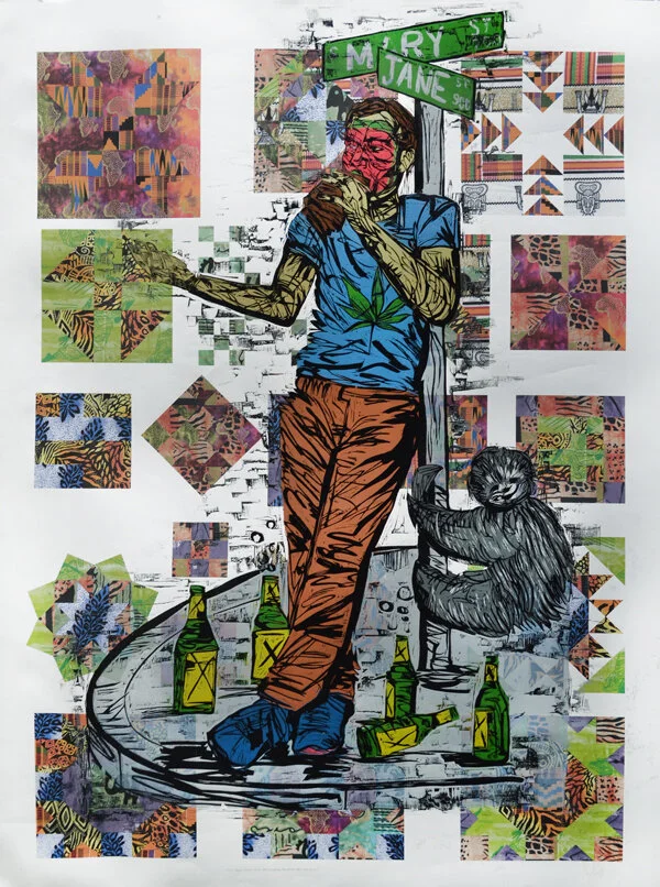 "It’s About Hard Work, Not Crippling Handout for the Poor", color reduction woodcut and archival digital print, 60" x 44"