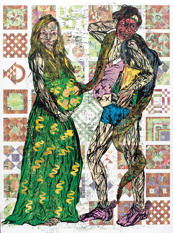"The Unfit Mommy and Her Spawn Will Wreck Your Comfortable Suburban Existence", color reduction woodcut and archival digital print, 58" x 42"