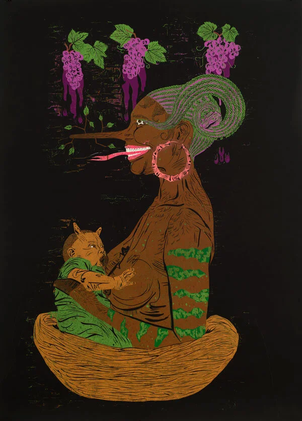 "Fabricated Satyrs Distracted Desires", color reduction woodcut, 64" x 42"