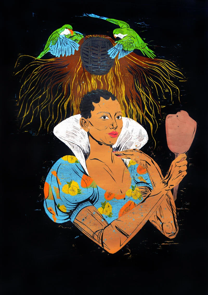 "None More Possessed With Feminine Beauty Than Snow(ish) White", color reduction woodcut, 64" x 44", 2020