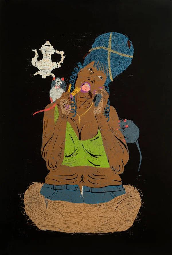 "Artificial American Culture Shock", color reduction woodcut, 64" x 42"