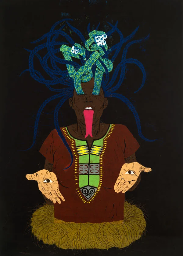 "Mother Medusa Nurtures and Destroys", color reduction woodcut, 64" x 42"