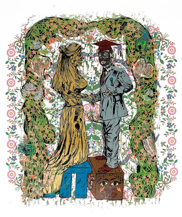 "Congratulations You Made It! Working Your Way Up the American Caste System", color reduction woodcut and archival digital print, 54" x 42"