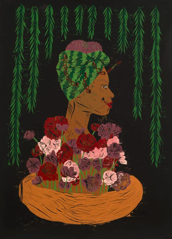 "The Weeping Willows Contrived Posture", color reduction woodcut, 64" x 42"
