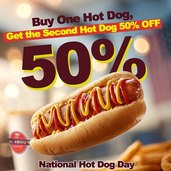 <span class="sqsrte-text-color--custom" style="color: rgb(253, 203, 2)">Buy One Hot Dog, Get the Second Hot Dog 50% OFF</span>