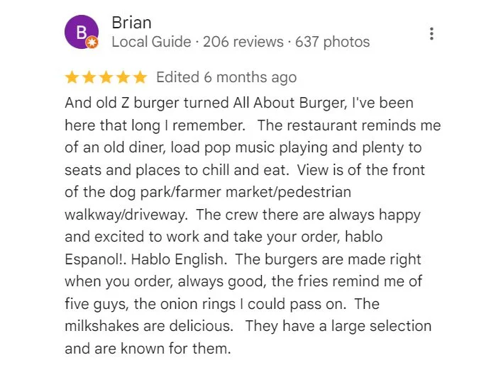 Screenshot of 5-star Google review by Brian recalling All About Burger’s classic diner feel, friendly bilingual staff, fresh burgers, Five Guys-style fries, and delicious milkshakes at the 4th Street location.
