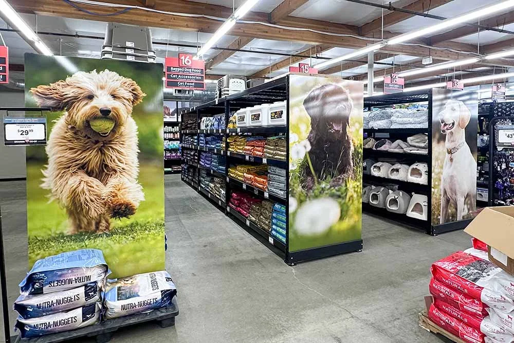 Dog Photograph End Cap Signs for Grange Coop