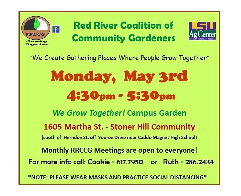 Meeting Time Change: Our community garden action group, Red River Coalition of Community Gardeners, is now meeting the FIRST MONDAY of each month at 4:30PM on the WGT Campus. That&rsquo;s tonight! 🌱