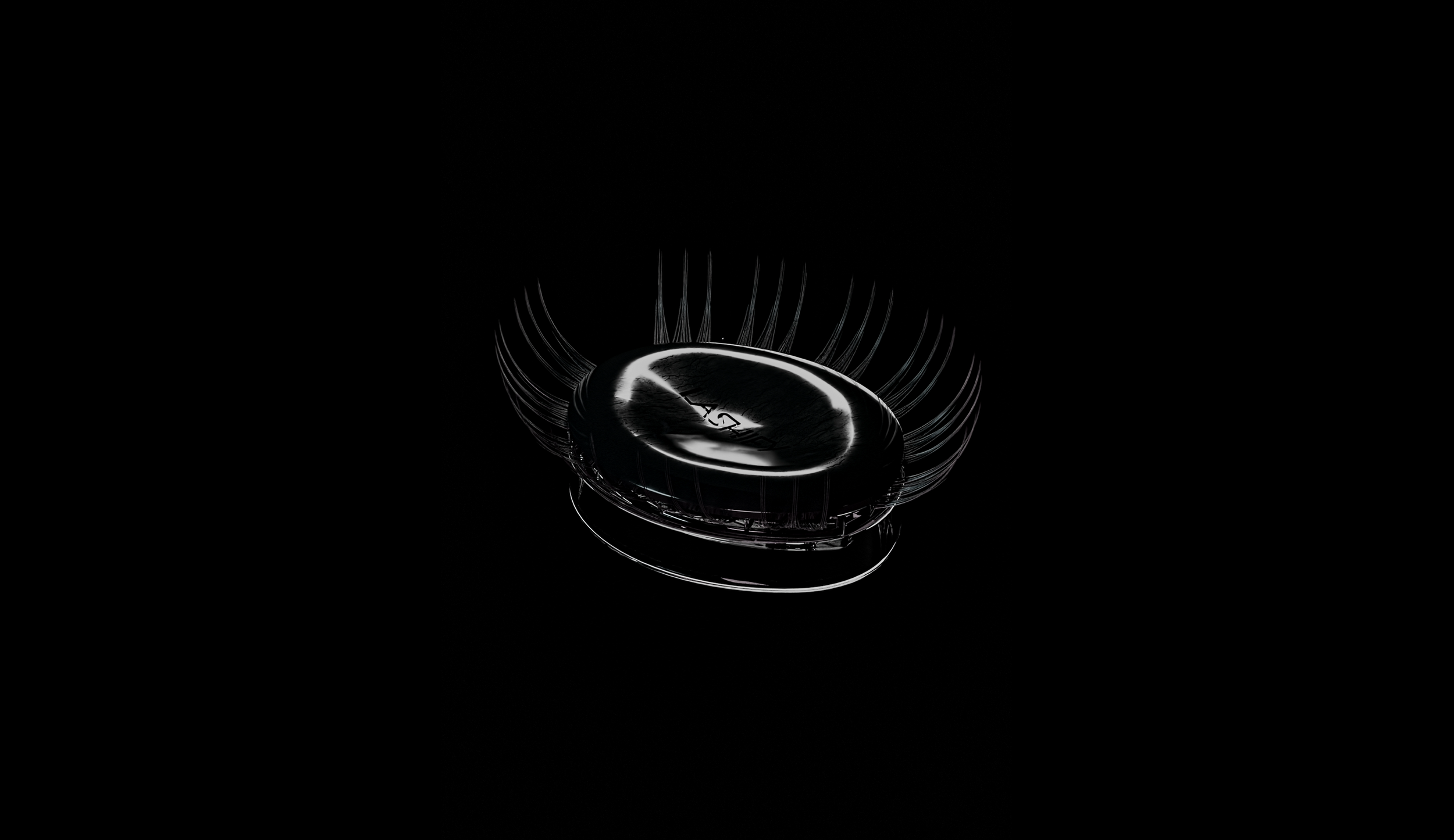 Close-up of a black computer mouse with a glowing white outline and cable, isolated on black background.