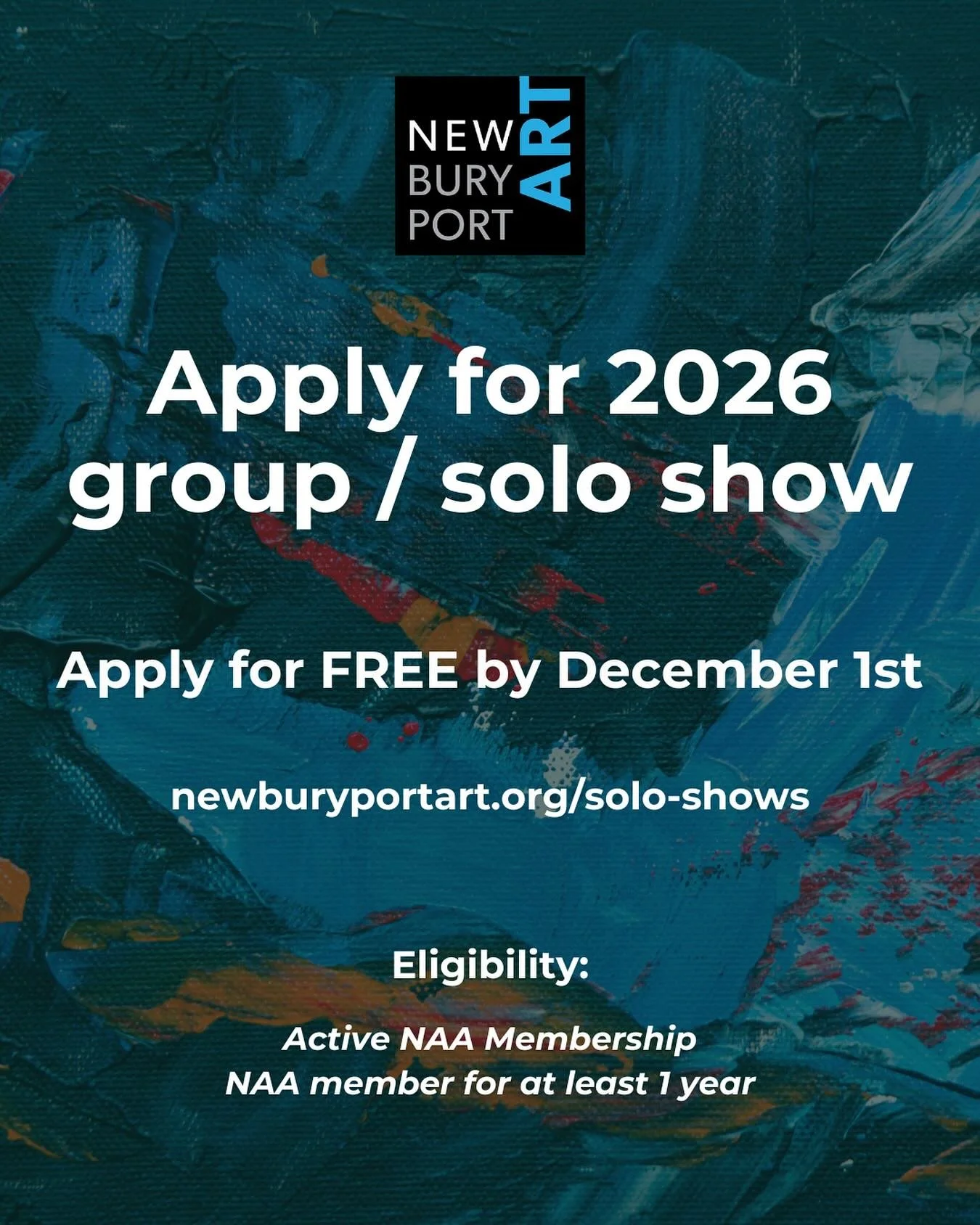π§‍π¨ Apply for a 2026 group / solo show at Newburyport Art!
π¨ FREE application by December 1st
π¨ Open to current NAA members who have been members for at least 1 year
π Link to apply in bio and on our website!
#soloshow #nbpt #nbptart #newb