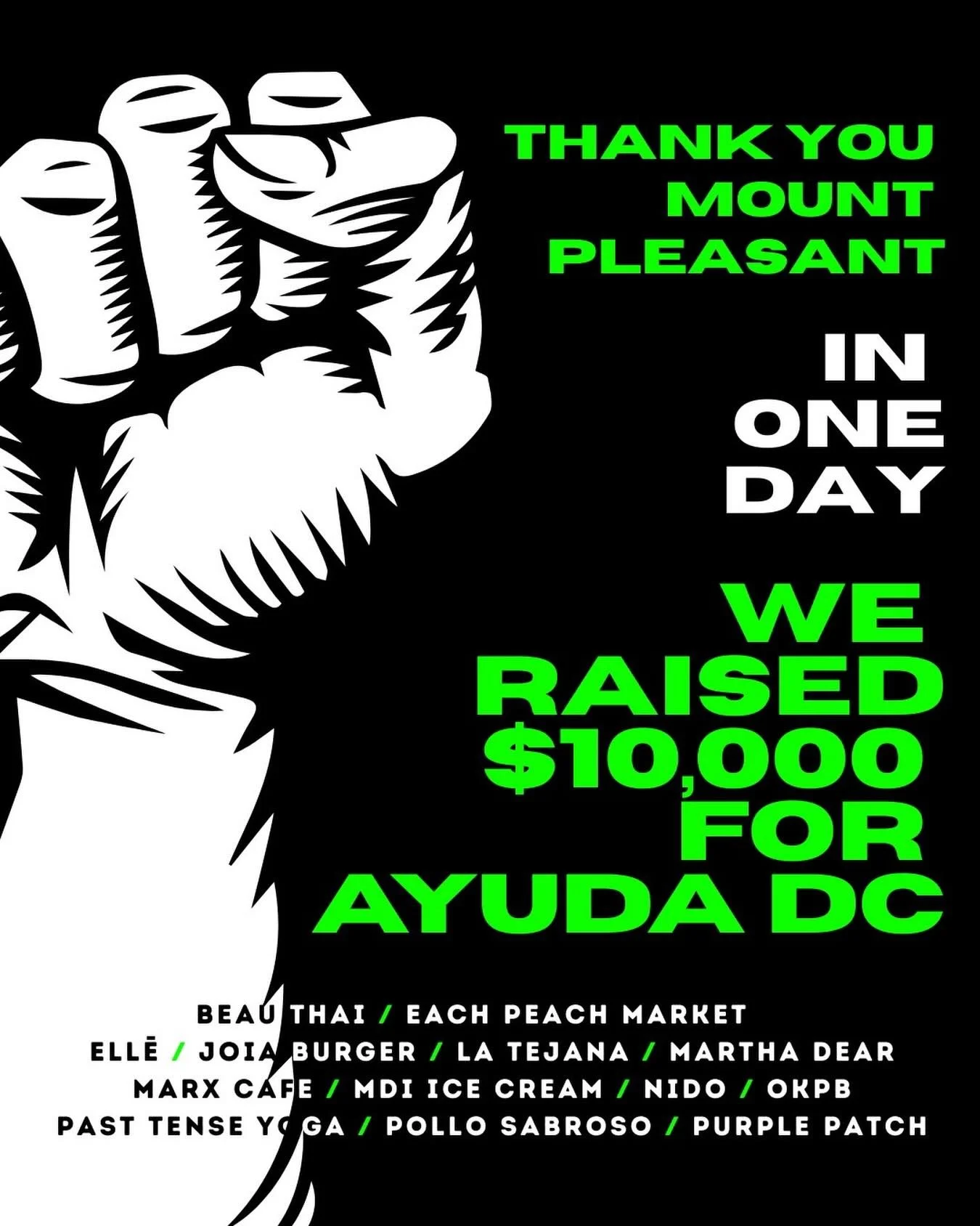 Thank you Mt. Pleasant for showing up. Where and how you spend your money matters. Solidarity has no borders.

@beauthai, @eachpeachmarket, @eatatelle, @joiaburgerdc, @latejanadc, @marxcafe, @marthadeardc, @mdiicecreamdc, @nidodc, @okpbdc, @pasttense