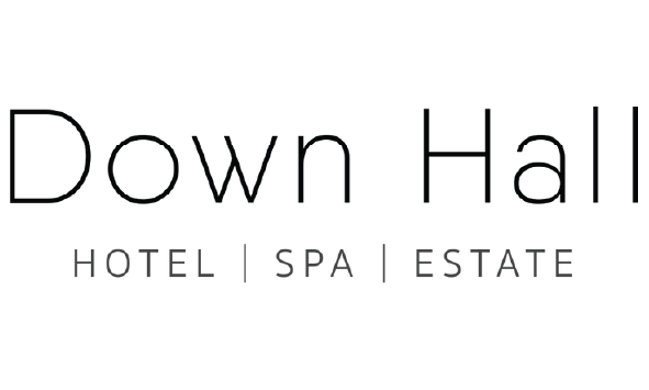 Down Hall Hotel, Spa, and Estate logo in black and white.