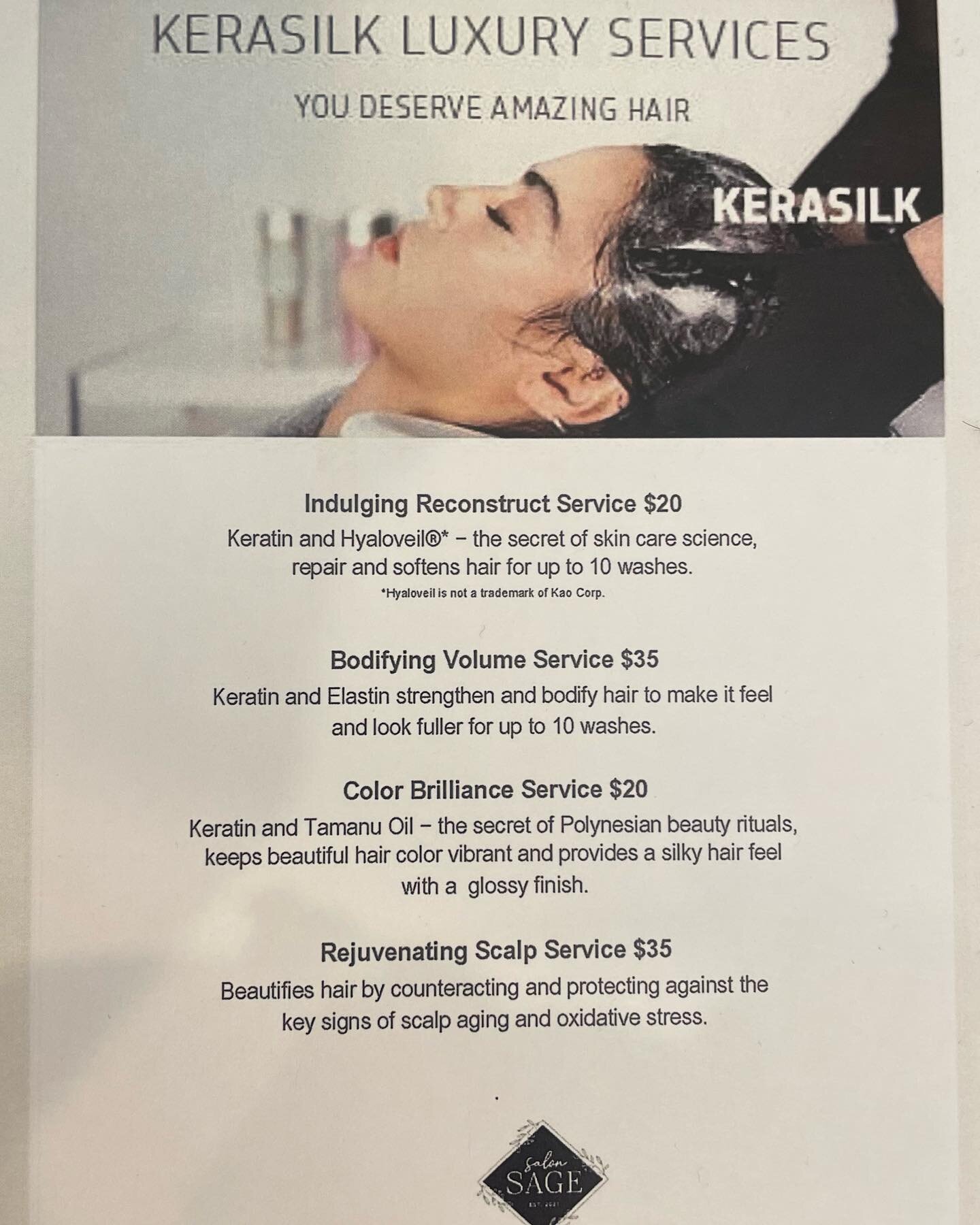 Add any of these luxury Kerasilk services to your appointment when you call! We have something for every head of hair out there! 

Call today at 856.624.9140 to book your appointment. ✨