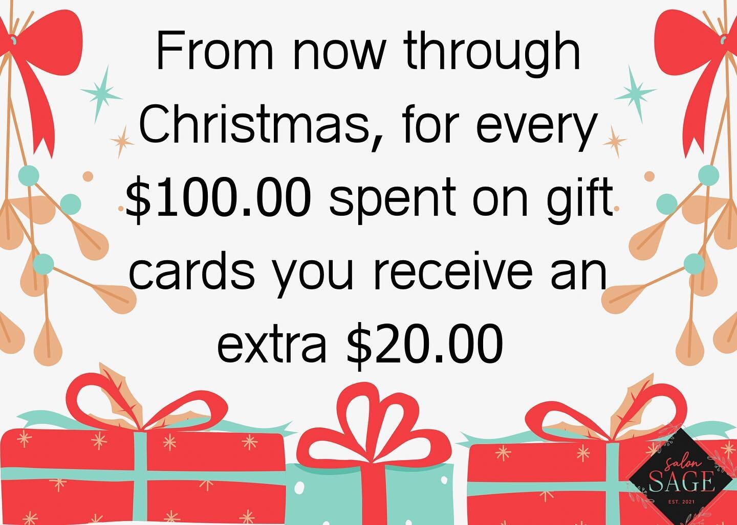 Holiday season is right around the corner🎄
There&rsquo;s no better gift to give than the gift of pampering. From now through Christmas, when you spend $100.00 on gift cards you receive an extra $20.00. Get your holiday gift cards today! 🎄🎁🎊

#sal