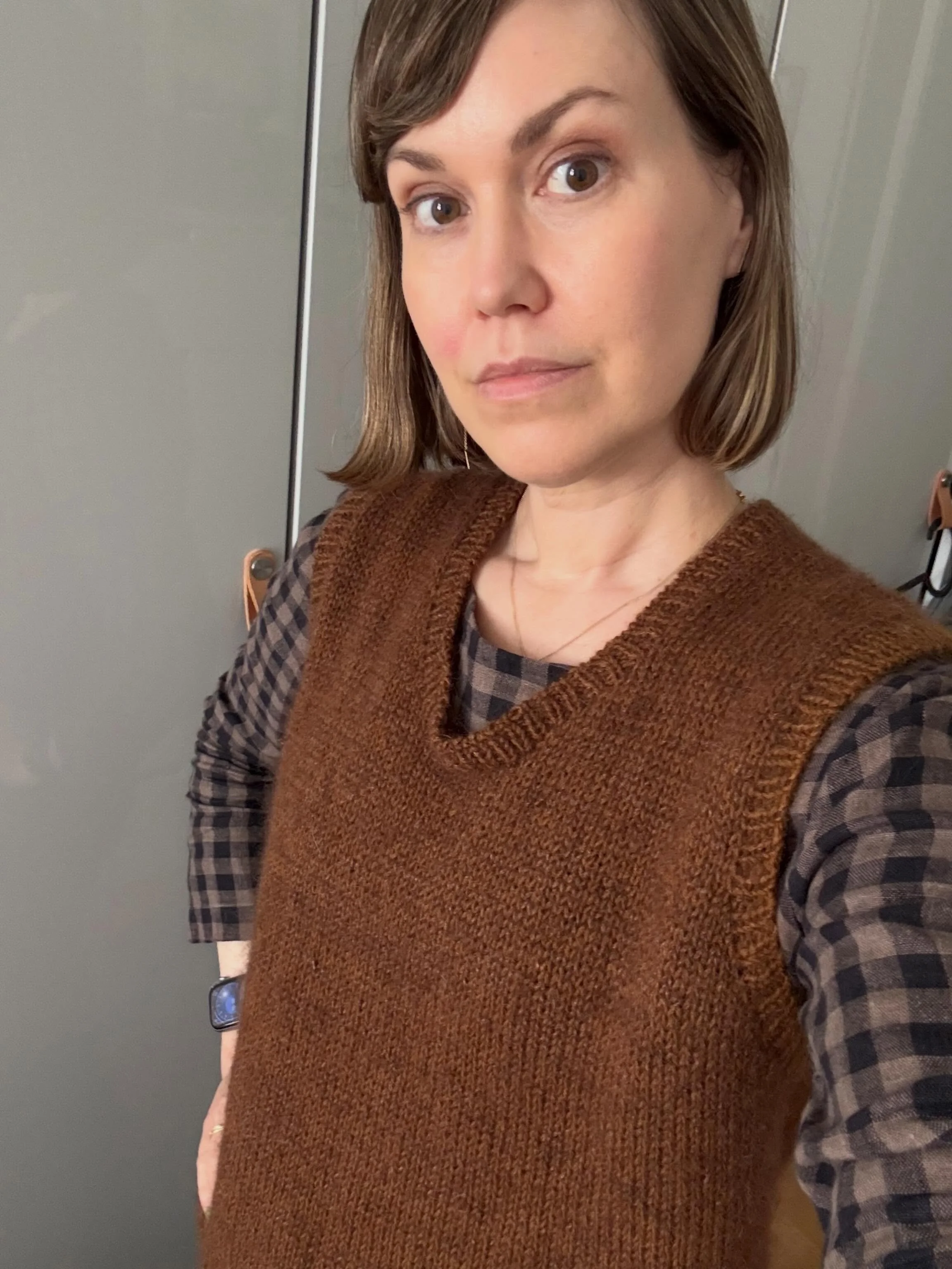 Two days of bad selfies for #memademay2026 

First, top is Esme from @lottajansdotter&lsquo;s Everyday Style book fabric by @merchantandmills 
Sweater vest is by @petiteknit with yarn by @knittingforolive 

Second look, sweater is #astragalpullover f